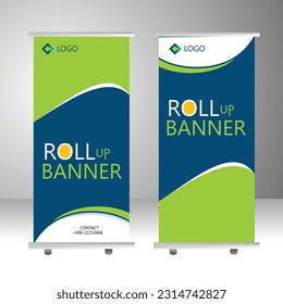 Modern and Creative Roll up banner design template, vertical, corporate background, pull up design, modern retractable banner, rectangle size with apple green color and dark blue theme.