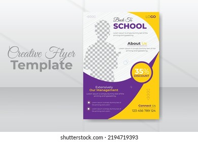 Modern Creative School admission flyer template for back to school flier design In A4 Size unique Book Cover Design, Brochure, Annual Report, flyer, leaflets editable for printing 