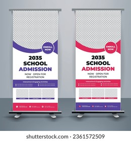 Modern and creative school admission Roll Up Banner template Premium Vector, school admission roll up banner design for school, college, university, and coaching center.