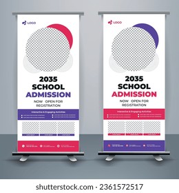 Modern and creative school admission Roll Up Banner template Premium Vector, school admission roll up banner design for school, college, university, and coaching center.