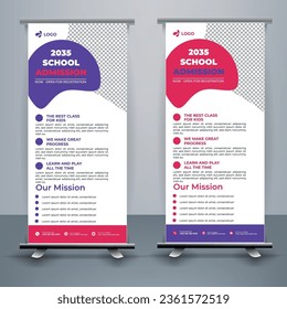 Moderner und kreativer Schuleintritt Roll-Up Banner Vorlage Premium Vector, Schuleintrittsszenario für Schule, Hochschule, Universität und Coaching Zentrum.