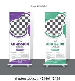 Modern and creative school admission roll up banner vector template. Education stand banner design. Kids school admission rack card. Study, student, class, marketing, promotion and print design.