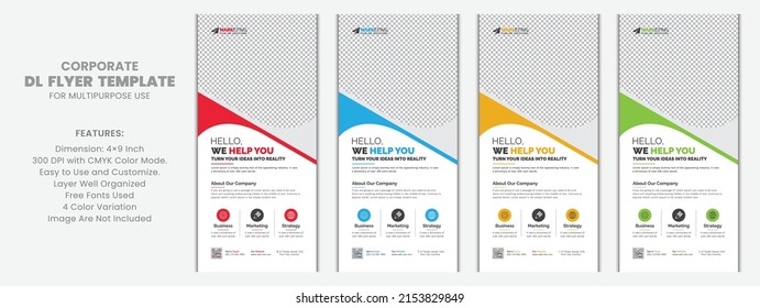 Modern Creative Simple Minimal Corporate DL Flyer Rack Card Template Vector Design for Multipurpose Use with Red, Blue, Yellow, Green