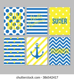 Modern creative summer cards in blue and yellow. Isolated vector illustration