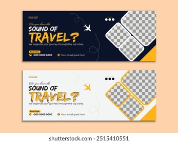 Modern and creative travel social media cover, web banner design with geometric shapes for summer vacation, trips, and adventure tour advertisements.