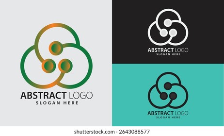 A modern Creative tri-circle Geometric abstract logo with dynamic looping circles and central spheres symbolizing unity, flow, and innovation. Perfect for eco, science, tech-based branding, startups.
