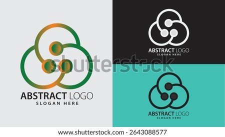 A modern Creative tri-circle Geometric abstract logo with dynamic looping circles and central spheres symbolizing unity, flow, and innovation. Perfect for eco, science, tech-based branding, startups.
