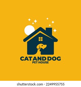 modern creative unique simple minimalist combination silhouette of dog cat house home window door icon with moon and stars at night midnight background suitable for pet grooming pet shop logo design