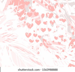 Modern creative universal delicate background in pink colors. Natural abstract texture with leaves and hearts. Abstract background for valentines day. 