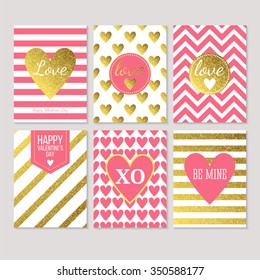 Modern creative Valentine's day cards in pink, gold and white. Vector illustration