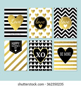 Modern creative Valentine's day cards in black, gold and white. Isolated vector illustration