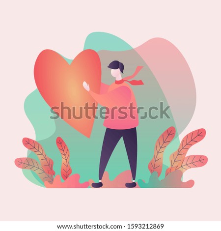 Modern creative vector illustration. Man with heart gives he's love. Valentines day card. Flat tiny source collection persons concept. Minimalistic drawing style with colorful gradients. 