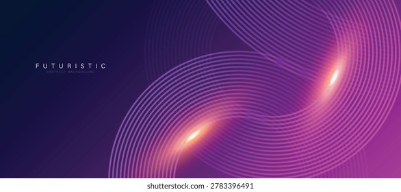 Modern creative wallpaper showing interlinked circular lines and radiant light beams set against a dark purple background.