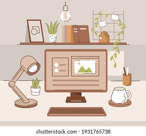 Modern creative Workspace with Desktop Computer, Books, Decorations and other Tools at Home or Office.  Freelancing and Home Office Concept. Flat Cartoon Vector  Illustration.