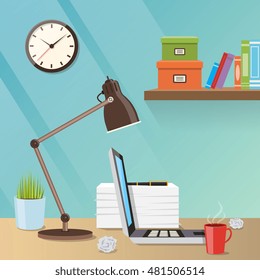 Modern creative workspace illustration with work table, a lamp and laptop
