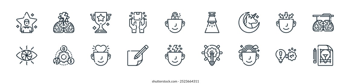 pacote de ícones de criatividade moderna. perfeito para designs de ui lineares com vetor, implementar, imaginação, criatividade, espontâneo, desenhar, amar e mais ícones para aplicativos móveis e da web.