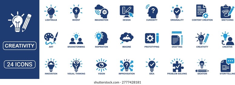 Modern creativity icon set designed for design thinking, innovation, and creative workflow concepts. Includes icons for inspiration, imagination, idea generation, brainstorming, sketching, storytelling, visual thinking, problem solving, and prototyping. Clean and scalable solid vector icons ideal for branding, design projects, presentations, and creative industries.
