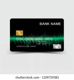 Modern credit card template design. With inspiration from the abstract. Green and black color on the gray background. Vector illustration. Glossy plastic style.