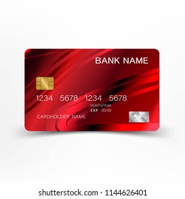 Modern credit card template design. With inspiration from the line abstract. Red color on white background. Glossy plastic style.