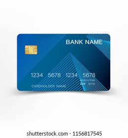 Modern credit card template design. With inspiration from the line abstract. Blue color on gray background. Glossy plastic style.