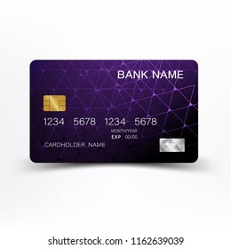 Modern credit card template design. With inspiration from the line abstract. Purple and black color on gray background illustration. Glossy plastic style.