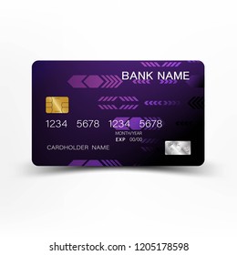 Modern credit card template design. With inspiration from the line abstract. Purple and black color on gray background illustration. Glossy plastic style.