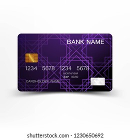 Modern credit card template design. With inspiration from the line abstract. Purple and black color on gray background illustration. Glossy plastic style.