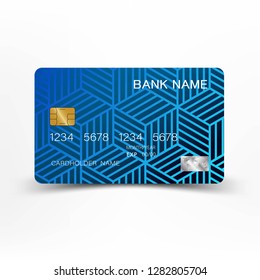 Modern credit card template design. With inspiration from the line abstract. Blue color on gray background. Glossy plastic style.