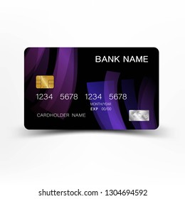 Modern credit card template design. With inspiration from abstract. Mix purple and black color on gray background illustration. Glossy plastic style.