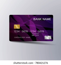 Modern credit card template design. With inspiration from the abstract. Black and purple color on the gray background. Vector illustration. Glossy plastic style.