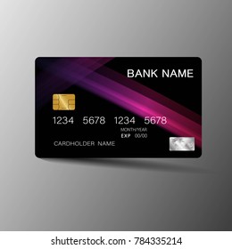 Modern credit card template design. With inspiration from the abstract. Purple and black color on the gray background. Vector illustration. Glossy plastic style.