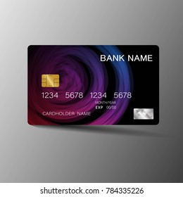 Modern credit card template design. With inspiration from the abstract. Purple and black color on the gray background. Vector illustration. Glossy plastic style.