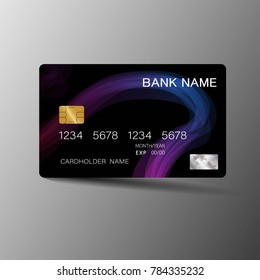 Modern credit card template design. With inspiration from the abstract. Purple and black color on the gray background. Vector illustration. Glossy plastic style.
