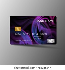 Modern credit card template design. With inspiration from the abstract. Purple and black color on the gray background. Vector illustration. Glossy plastic style.