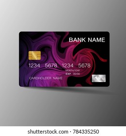 Modern credit card template design. With inspiration from the abstract. Purple and black color on the gray background. Vector illustration. Glossy plastic style.