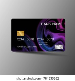 Modern credit card template design. With inspiration from the abstract. Purple and black color on the gray background. Vector illustration. Glossy plastic style.