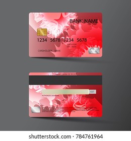 Modern credit card template design. With inspiration from the abstract. Two sided red color on the gray background. Vector illustration. Glossy plastic style.