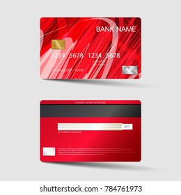 Modern credit card template design. With inspiration from the abstract. Two sided red color on the gray background. Vector illustration. Glossy plastic style.