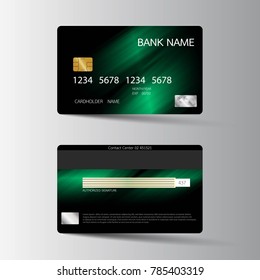 Modern credit card template design. With inspiration from the abstract. Two sided green color on the gray background. Vector illustration. Glossy plastic style.