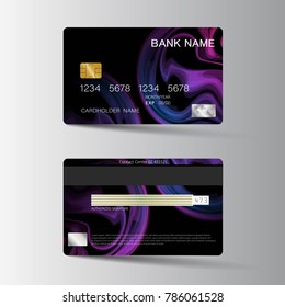 Modern credit card template design. With inspiration from the abstract. Two sided purple and black color on the gray background. Vector illustration. Glossy plastic style.
