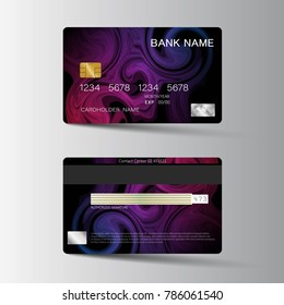 Modern credit card template design. With inspiration from the abstract. Two sided purple and black color on the gray background. Vector illustration. Glossy plastic style.
