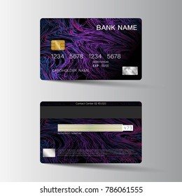 Modern credit card template design. With inspiration from the abstract. Two sided purple and black color on the gray background. Vector illustration. Glossy plastic style.
