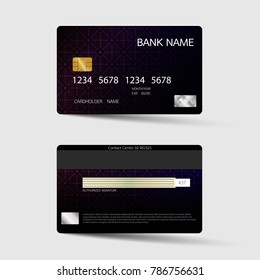 Modern credit card template design. With inspiration from the abstract. Two sided purple and black color on the gray background. Vector illustration. Glossy plastic style.