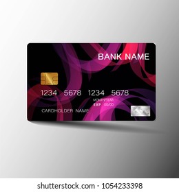 Modern credit cards. With inspiration from abstract line ?Purple and black color on the gray background. Glossy plastic style. Vector illustration design EPS10
