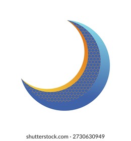 Logotipo moderno de la luna creciente con el gradiente azul y oro y el patrón del hexágono