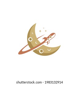 Modern Crescent Moon con ilustración de pinza Rocket clip; Diseño del logo Transporte del astronauta espacial lunar
