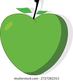 A modern and crisp flat vector icon of a green apple, showcasing a vibrant lime green color and two small green leaves on the stem. The design features clean lines and a soft drop shadow, making it an ideal choice for weight loss program branding, dental health campaigns, organic grocery logos, and school education materials. This simple icon is highly versatile for high-quality print packaging and minimalist digital interfaces.