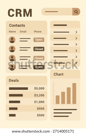 Modern CRM dashboard UI design with customer management, contact list, sales pipeline, deal tracking, analytics charts and search bar, clean minimal vector illustration for business software.