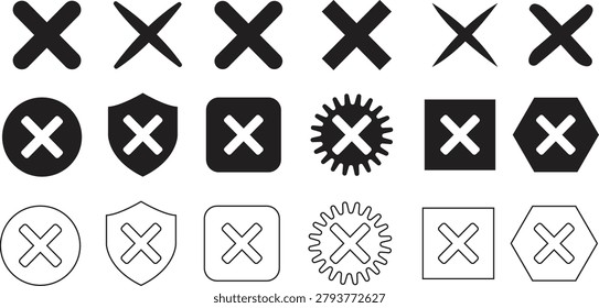 Modern Cross, Close and Cancel Symbols Icons Set Black Filled X Marks, Delete and Rejection Vector Pack Clean Error, Remove and Exit Sign Silhouette Collection
