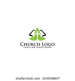 Modern cross and leaves church logo design